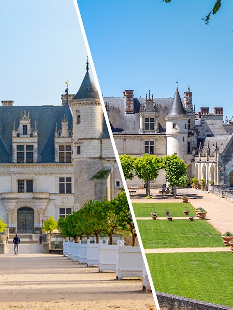 Chenonceau and Amboise castles in Loire Valley, France, with gardens and pathways.