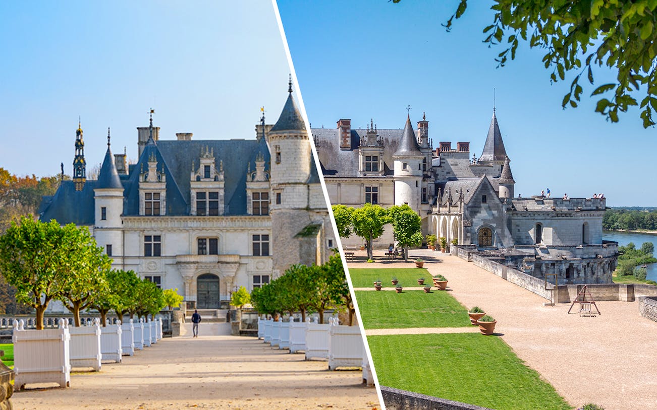 Chenonceau and Amboise castles in Loire Valley, France, with gardens and pathways.