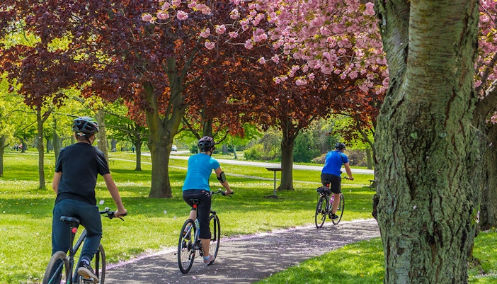 Cyclists on Niagara Falls cycling trail with scenic waterfall view.