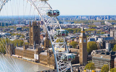 London Eye with view of Big Ben and Houses of Parliament in the background.