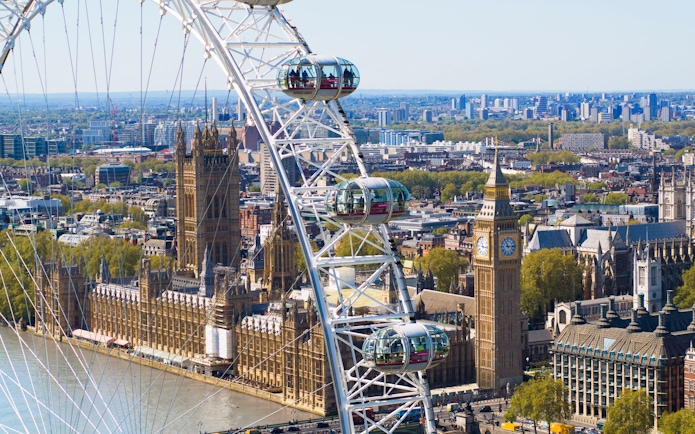 London Eye with view of Big Ben and Houses of Parliament in the background.