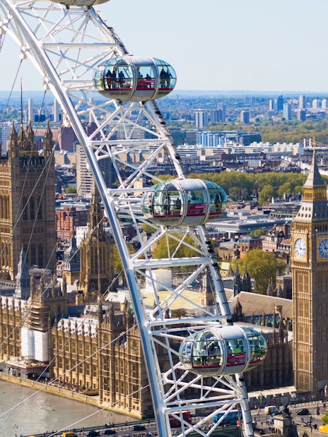 London Eye with view of Big Ben and Houses of Parliament in the background.