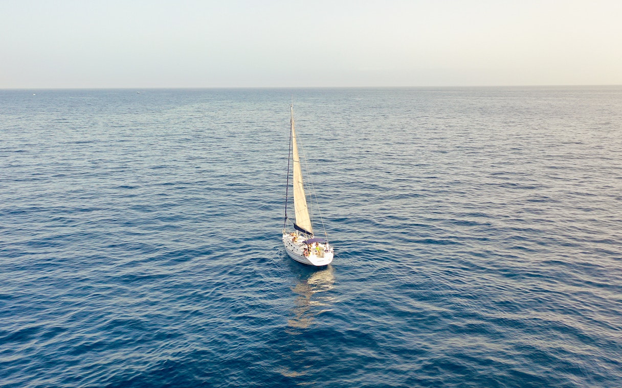 Sailboat cruising on open ocean for whale and dolphin watching tour.