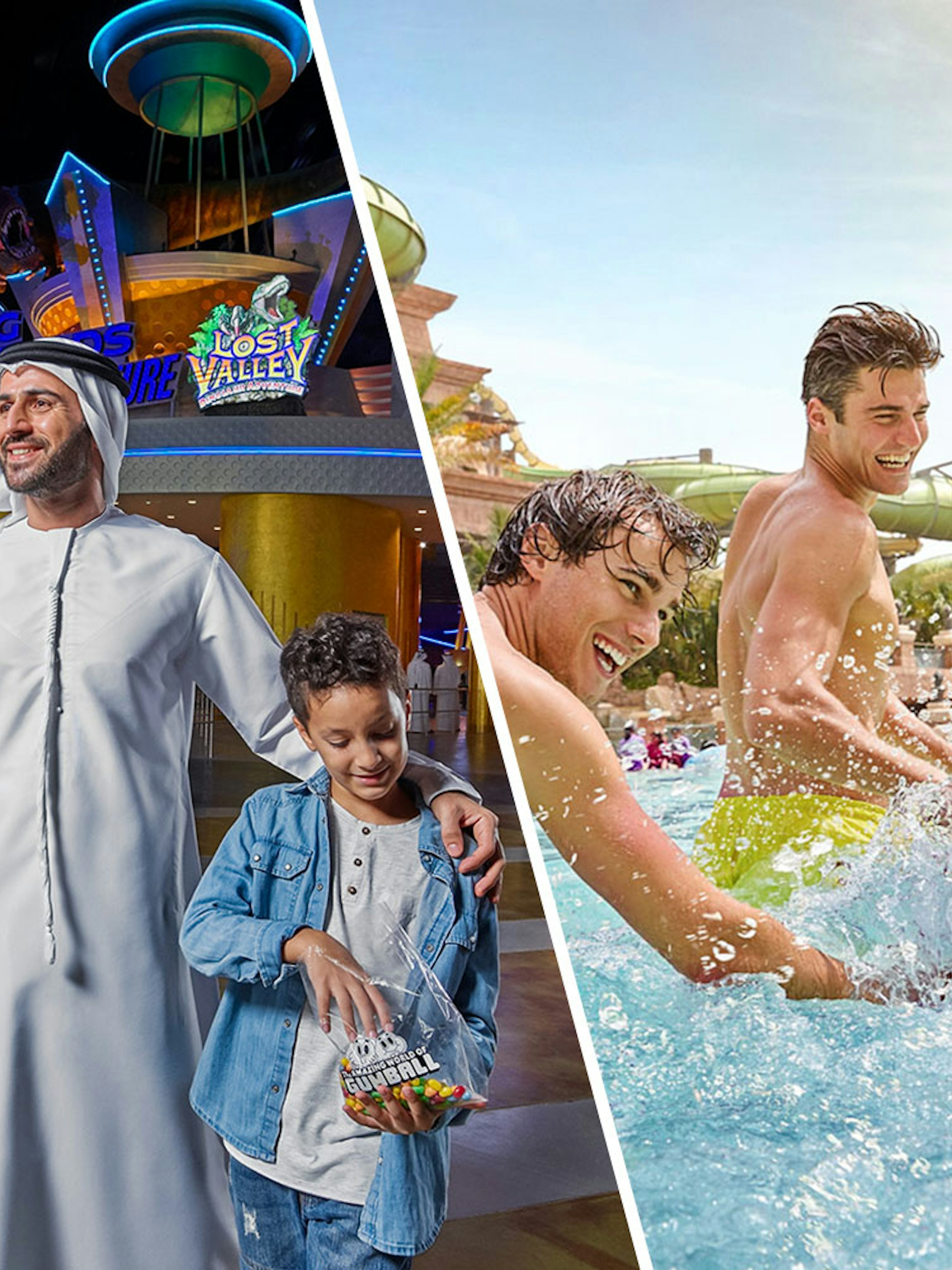 Family enjoying IMG Worlds of Adventure and friends splashing at Aquaventure water park.