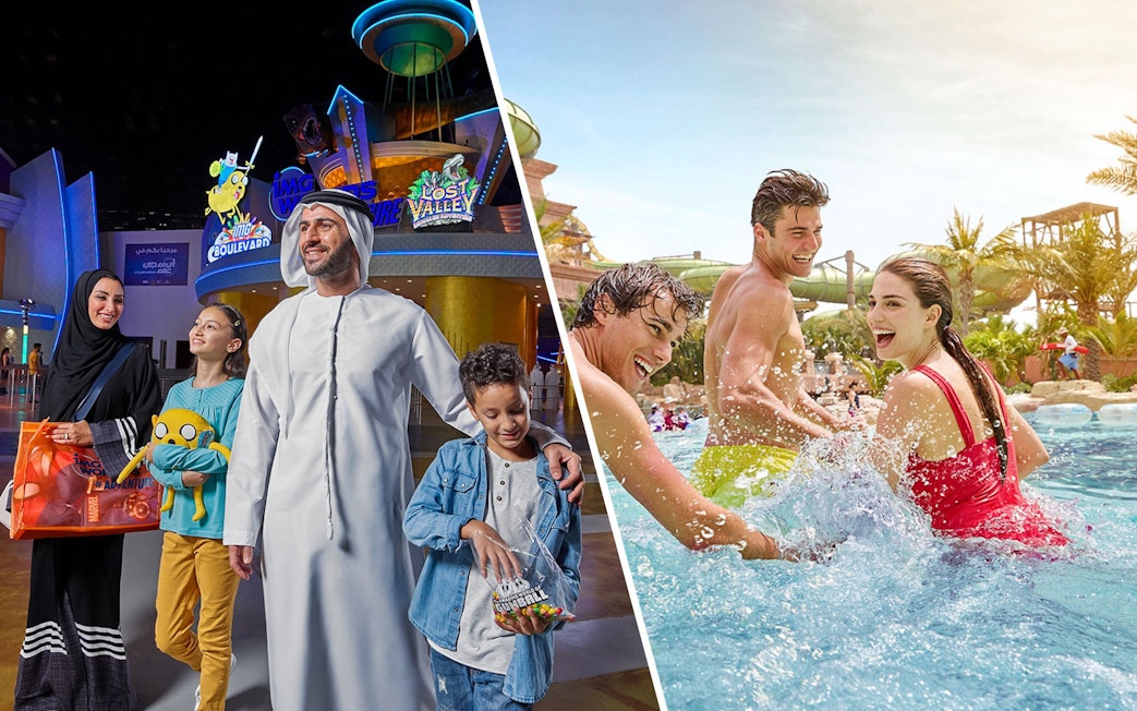 Family enjoying IMG Worlds of Adventure and friends splashing at Aquaventure water park.