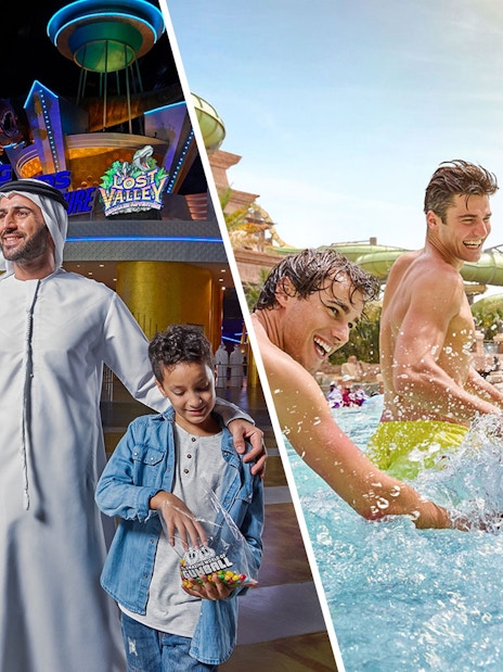 Family enjoying IMG Worlds of Adventure and friends splashing at Aquaventure water park.