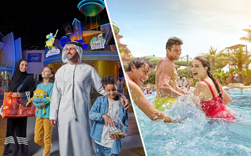 Family enjoying IMG Worlds of Adventure and friends splashing at Aquaventure water park.