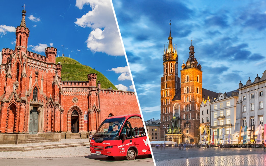 Krakow Hop-On Hop-Off bus near historic landmarks, including St. Mary's Basilica and a red brick building.