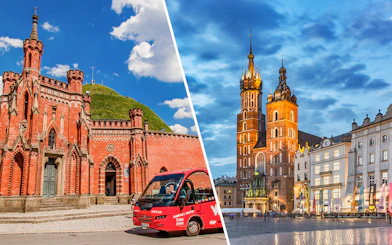 Krakow Hop-On Hop-Off bus near historic landmarks, including St. Mary's Basilica and a red brick building.