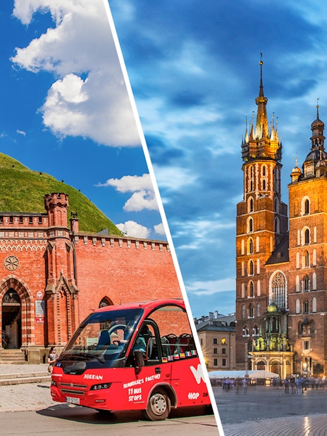 Krakow Hop-On Hop-Off bus near historic landmarks, including St. Mary's Basilica and a red brick building.