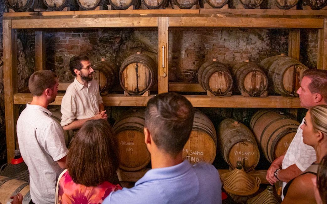 Tour group in a Tuscan wine cellar with guide explaining barrels in Siena, San Gimignano, Chianti, Pisa.