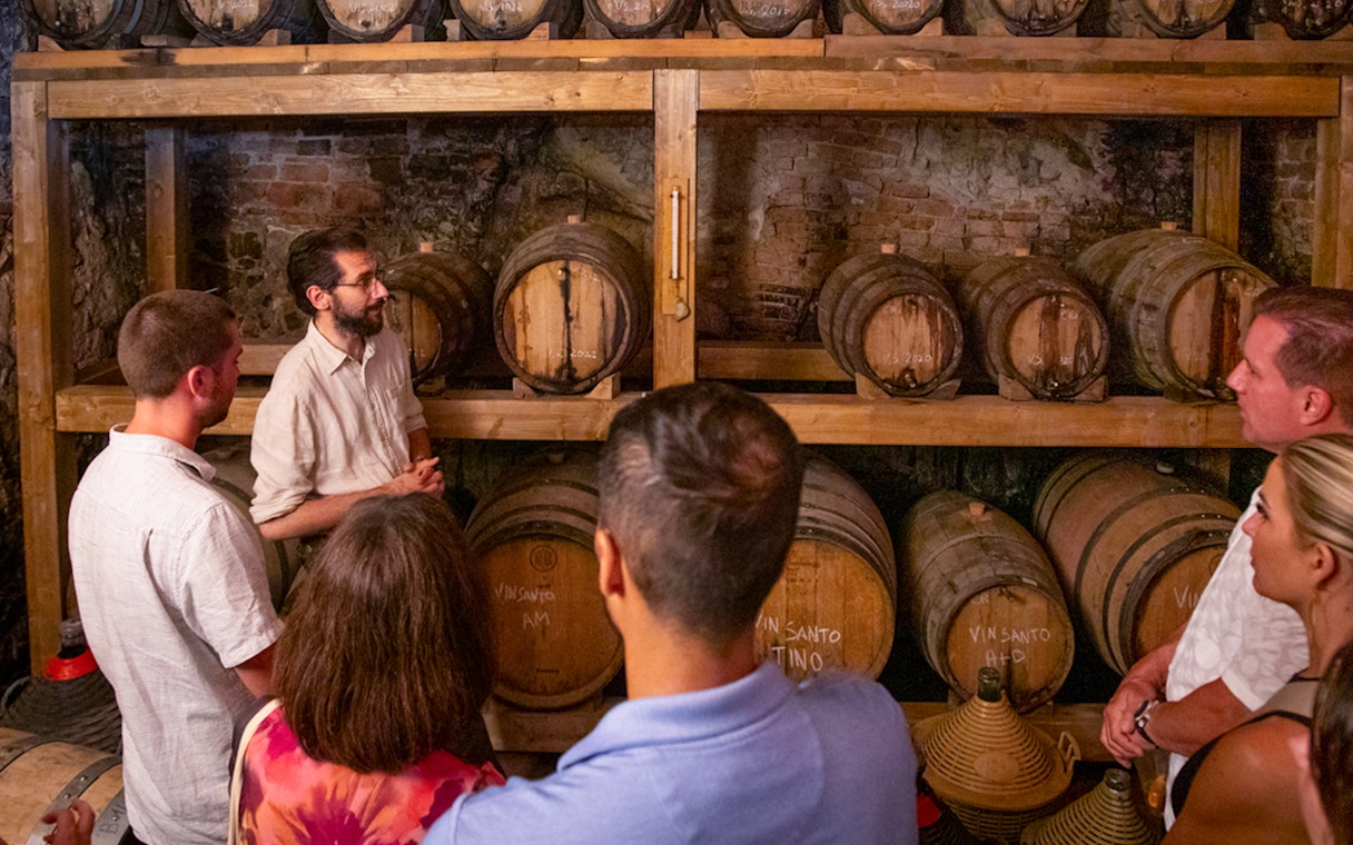 Tour group in a Tuscan wine cellar with guide explaining barrels in Siena, San Gimignano, Chianti, Pisa.