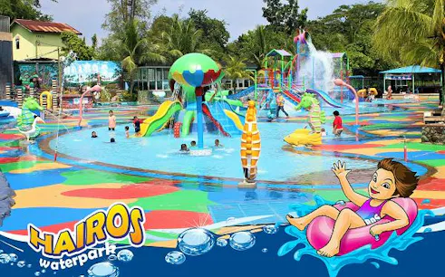 Children playing in colorful pools at Hairos Waterpark, Dubai, with slides and water features.