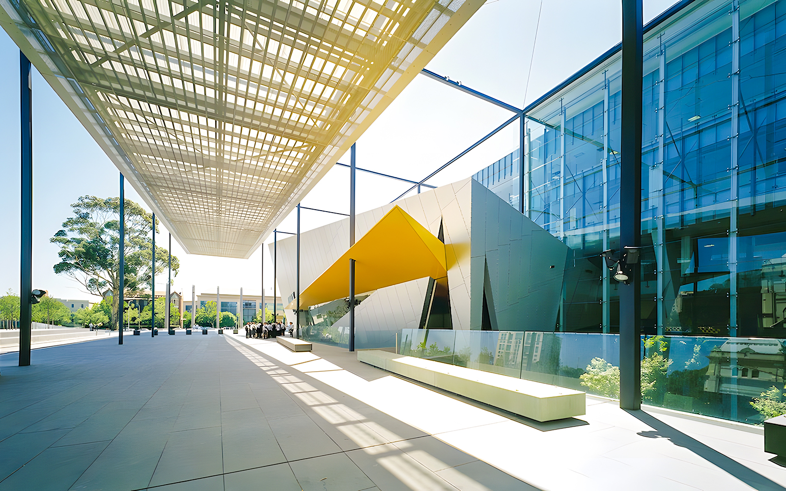 Melbourne Museum entrance with modern architecture and glass facade.