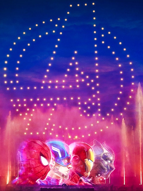 Avengers-themed light show with fountains at Disneyland World of Frozen Illuminations.
