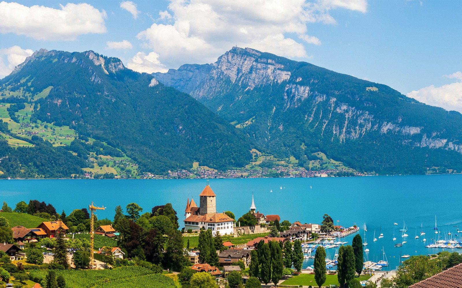 Aerial view of Montreux, Switzerland, with Geneva Lake and surrounding Alps.