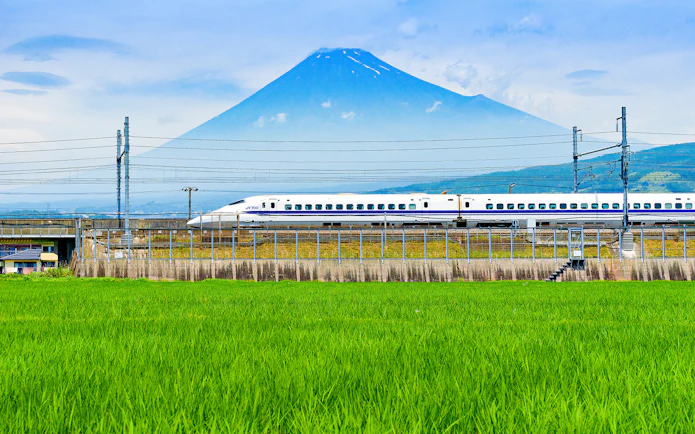 Bullet train passing by rice fields with Mount Fuji in the background, Fuji City, Shizuoka, Japan.