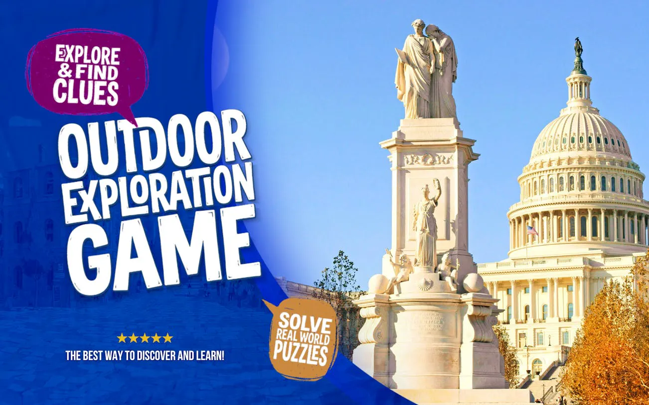 Washington National Mall exploration game with Capitol Building and statue.