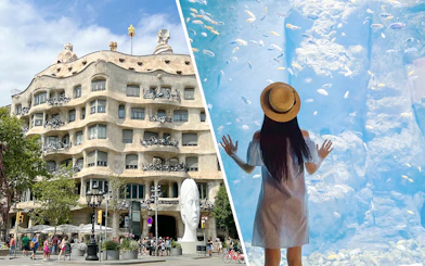 Casa Mila facade and woman viewing fish in aquarium, Barcelona tour combo.