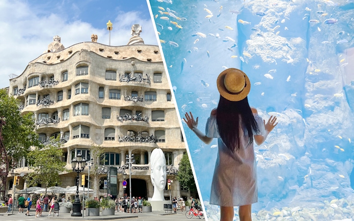 Casa Mila facade and woman viewing fish in aquarium, Barcelona tour combo.