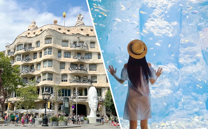 Casa Mila facade and woman viewing fish in aquarium, Barcelona tour combo.
