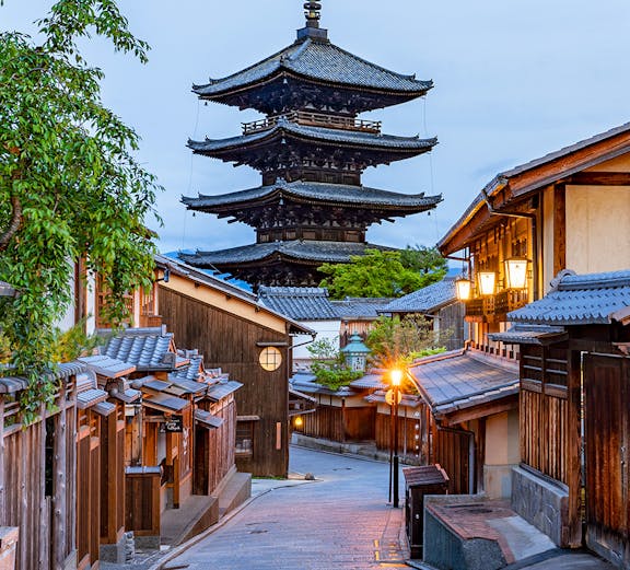 Pagoda in historic Higashiyama district, Kyoto, Japan, at dusk.