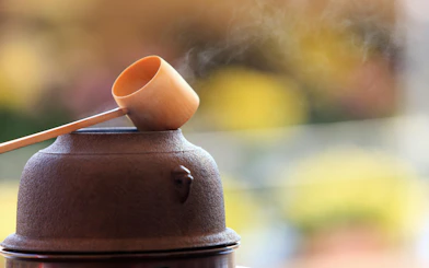 Traditional tea ladle resting on a steaming iron pot during a Kyoto tea ceremony.