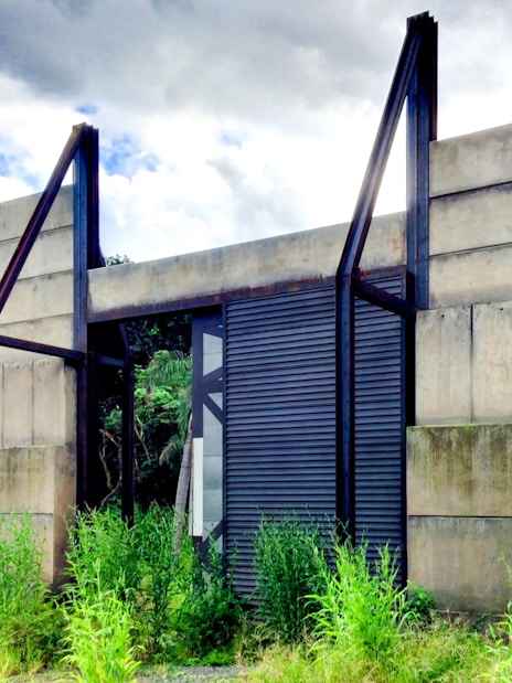 Concrete gate structure at Kualoa Ranch, Hawaii, part of the Jurassic Adventure Tour.