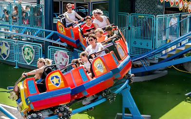 Roller coaster ride at Parque de Atracciones de Madrid themed with Patrulla Canina.