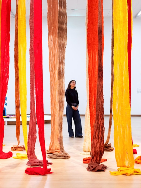 Textile installation at The Power and Politics of Textiles in Art exhibit, Stedelijk Museum.