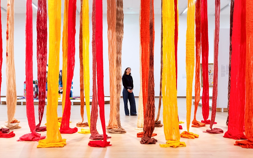 Textile installation at The Power and Politics of Textiles in Art exhibit, Stedelijk Museum.