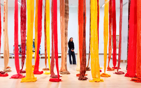 Textile installation at The Power and Politics of Textiles in Art exhibit, Stedelijk Museum.