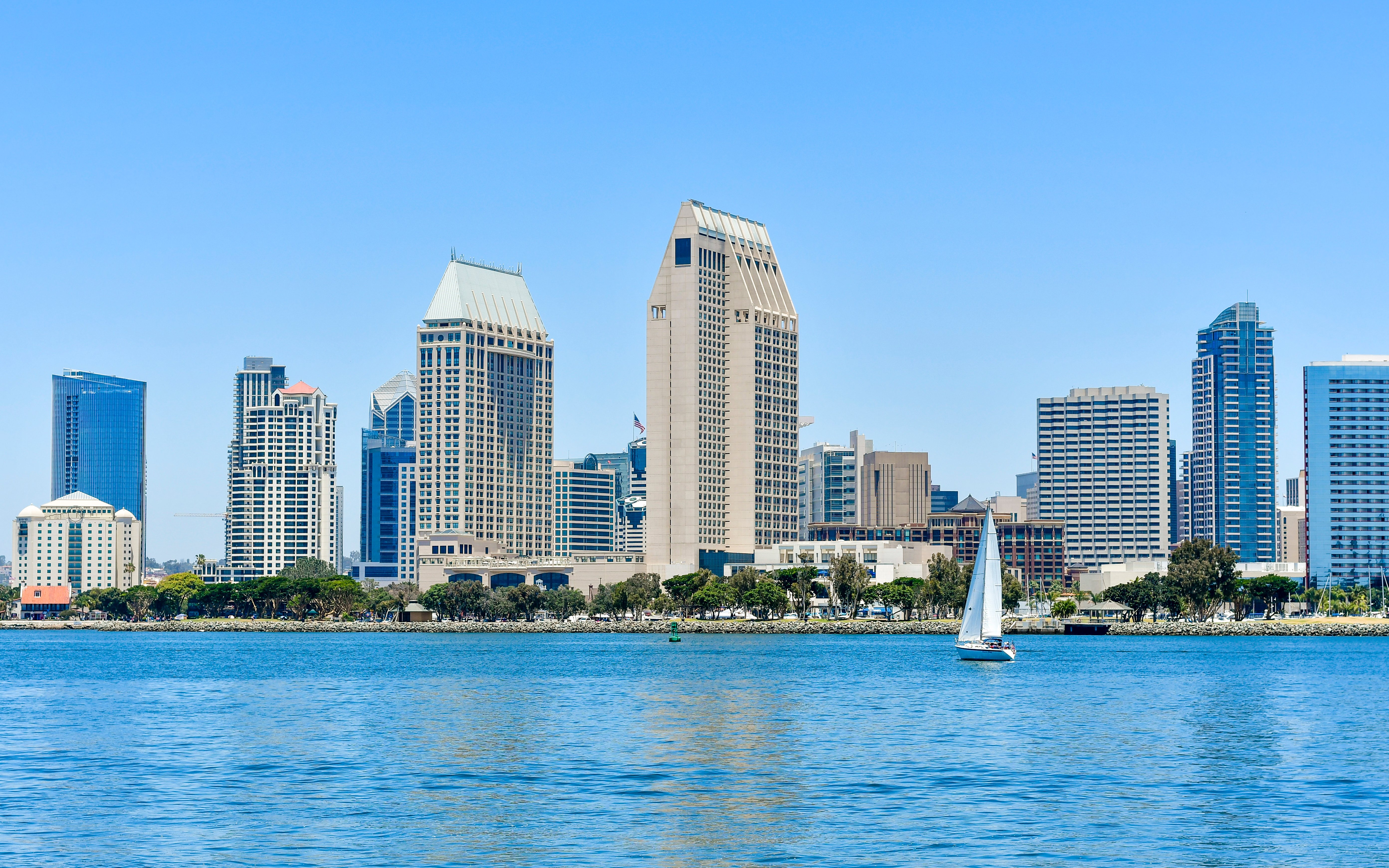 San Diego skyline with sailboat on the bay.