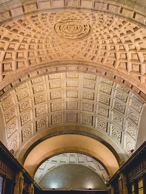 Intricate coffered ceiling inside the Roman Pantheon, Rome, Italy.