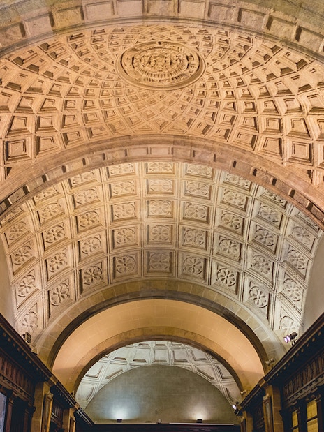 Intricate coffered ceiling inside the Roman Pantheon, Rome, Italy.