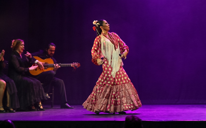 Flamenco dancer performing on stage with guitarist and singer, Emociones - Espectáculo flamenco.