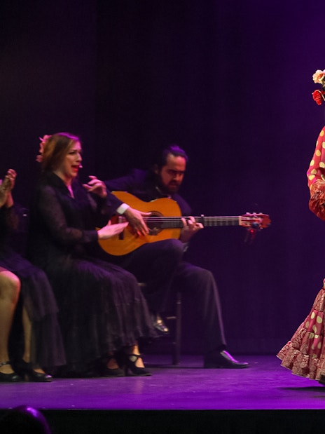 Flamenco dancer performing on stage with guitarist and singer, Emociones - Espectáculo flamenco.
