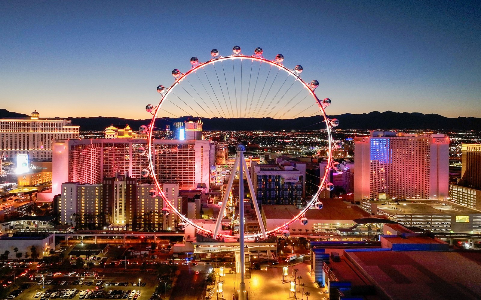 High Roller Ferris Wheel in Las Vegas with city skyline in the background.