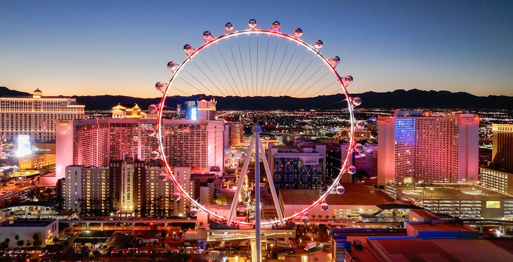 High Roller Ferris Wheel in Las Vegas with city skyline in the background.
