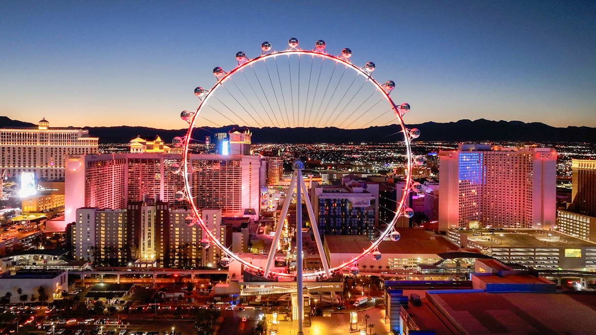 High Roller Ferris Wheel in Las Vegas with city skyline in the background.