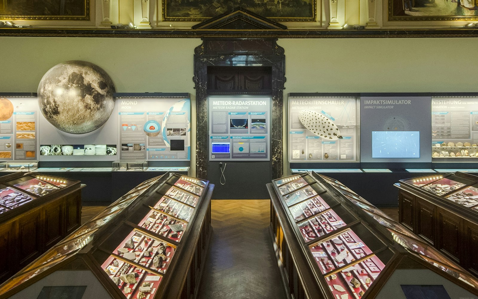 Meteorite exhibits and moon display at the Natural History Museum Vienna.