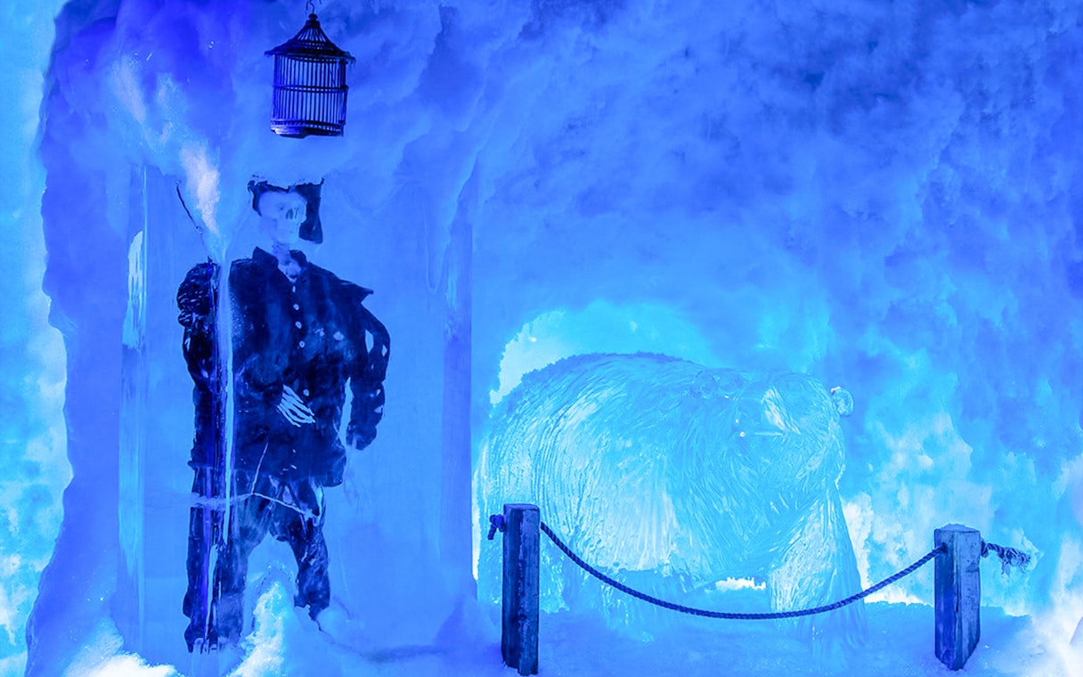 Ice sculptures of a pirate and polar bear at Xtracold Icebar experience.