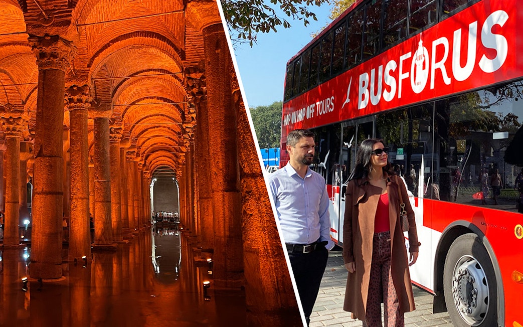 Basilica Cistern interior and Busforus tour bus in Istanbul.