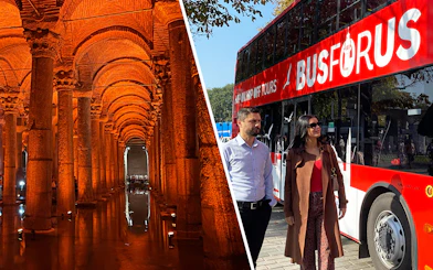 Basilica Cistern interior and Busforus tour bus in Istanbul.