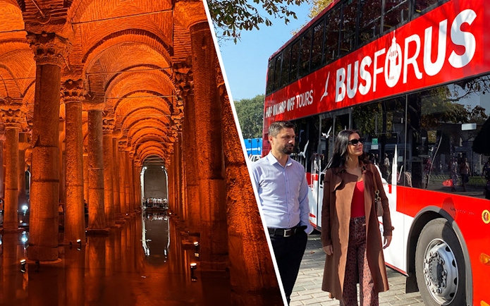 Basilica Cistern interior and Busforus tour bus in Istanbul.