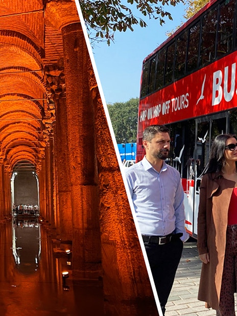 Basilica Cistern interior and Busforus tour bus in Istanbul.