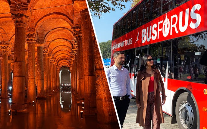Basilica Cistern interior and Busforus tour bus in Istanbul.