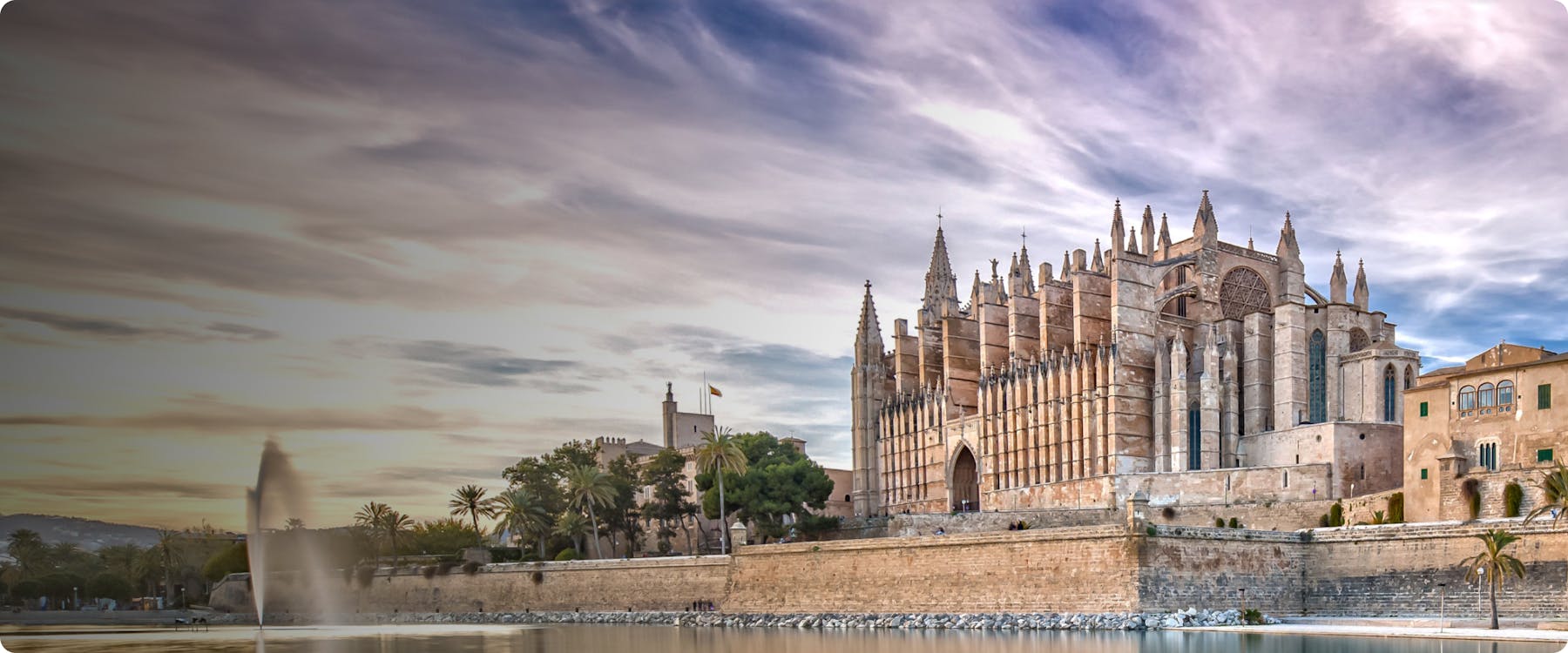 La Seu Cathedral in Palma, Mallorca, with a view of the waterfront.