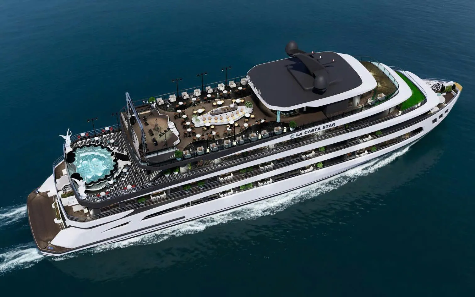 Luxury cruise ship La Casta Star sailing in Lan Ha Bay, featuring a pool and sun deck.