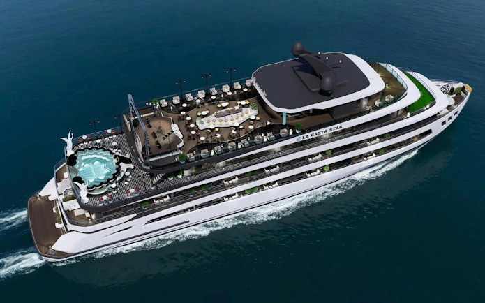 Luxury cruise ship La Casta Star sailing in Lan Ha Bay, featuring a pool and sun deck.